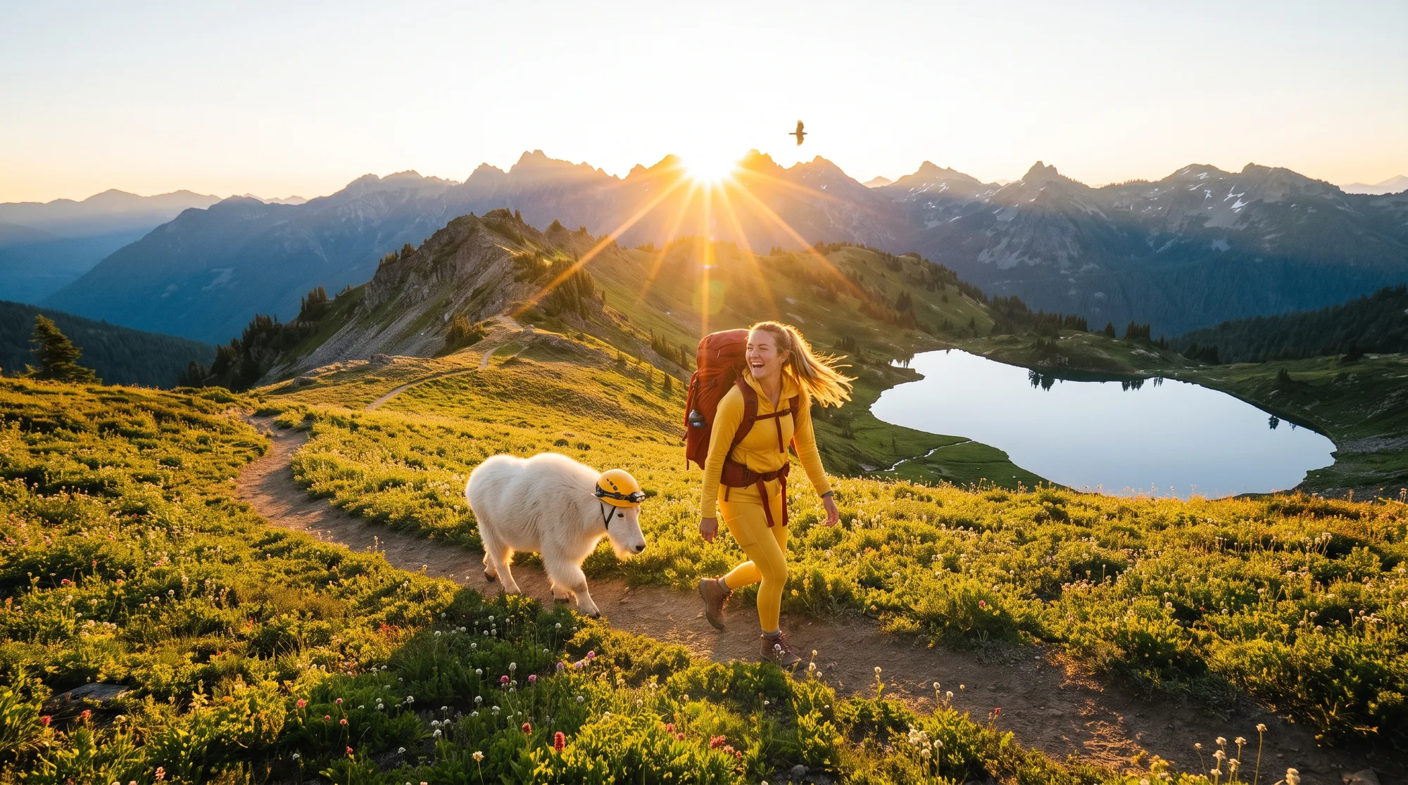 Golden sunrise ridgeline — hiker in yellow with a white mountain goat in a tiny yellow helmet