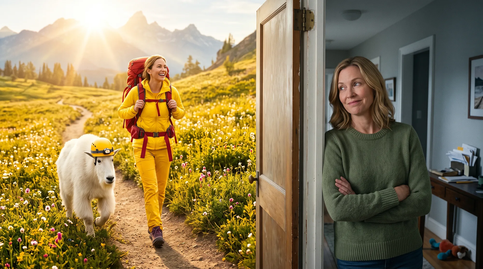 One frame, two worlds: golden fantasy meadow on one side of a doorframe, real hallway and unimpressed woman on the other