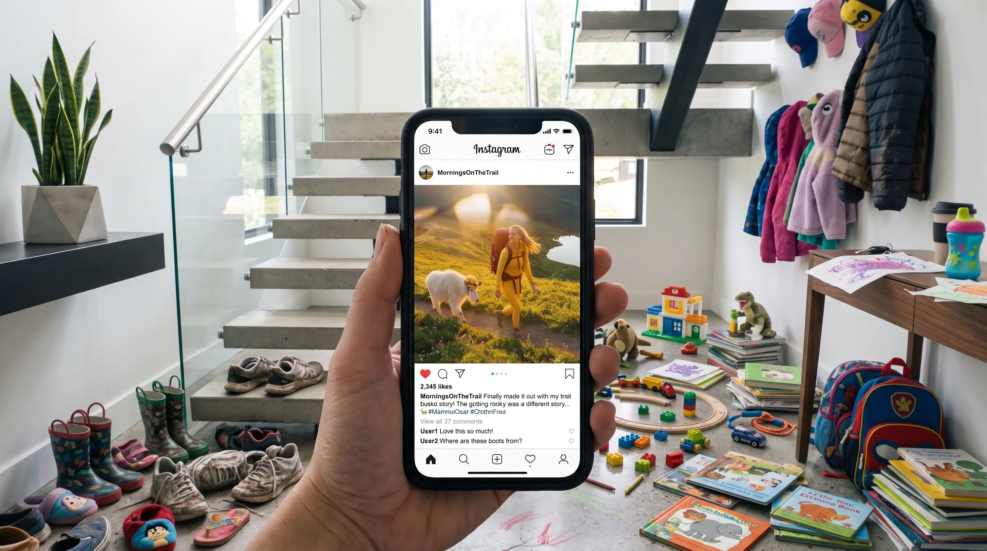 A real family hallway — the golden fantasy world exists only on the phone screen
