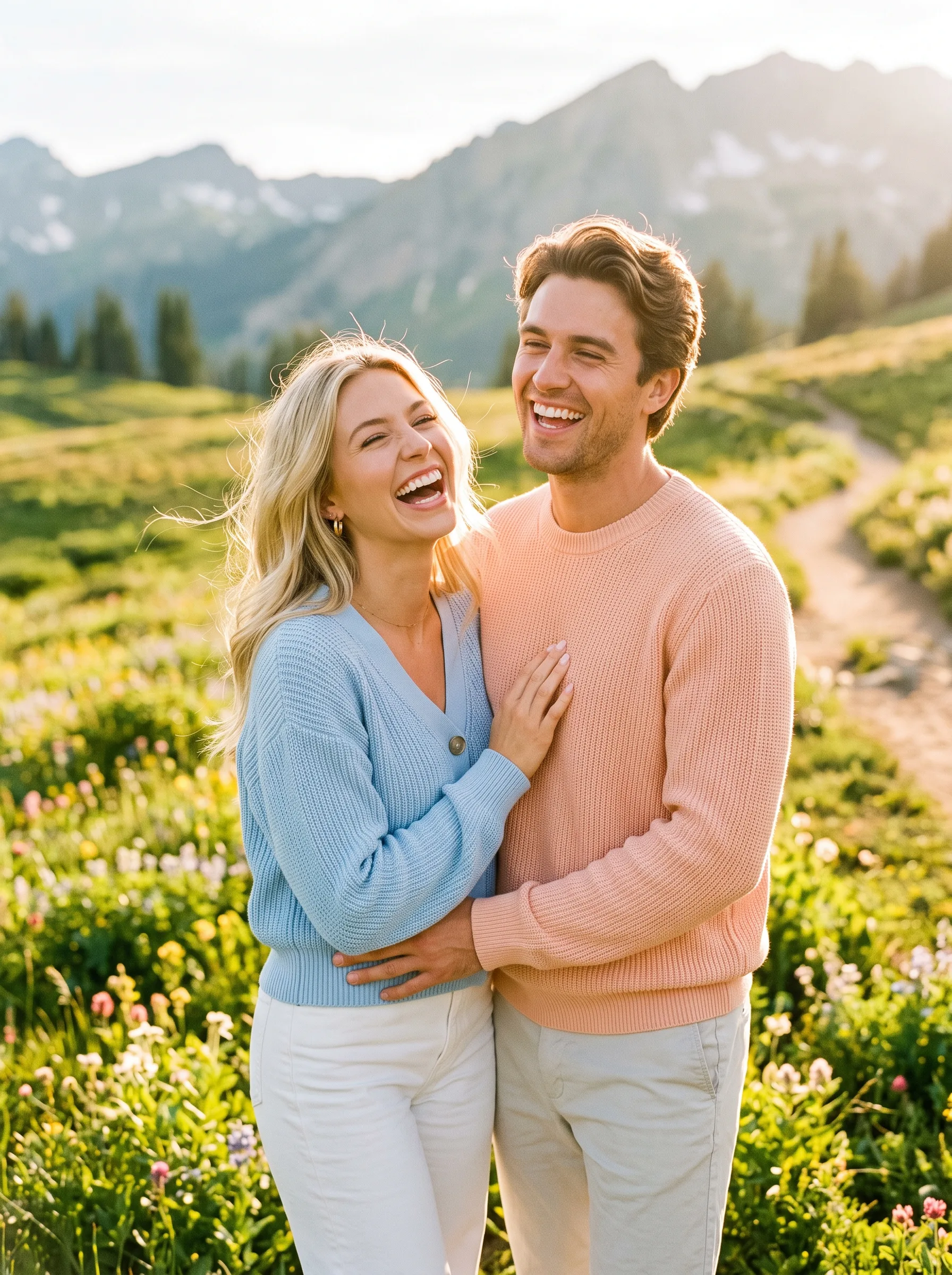 Too-perfect couple laughing with salad-commercial intensity in a golden meadow