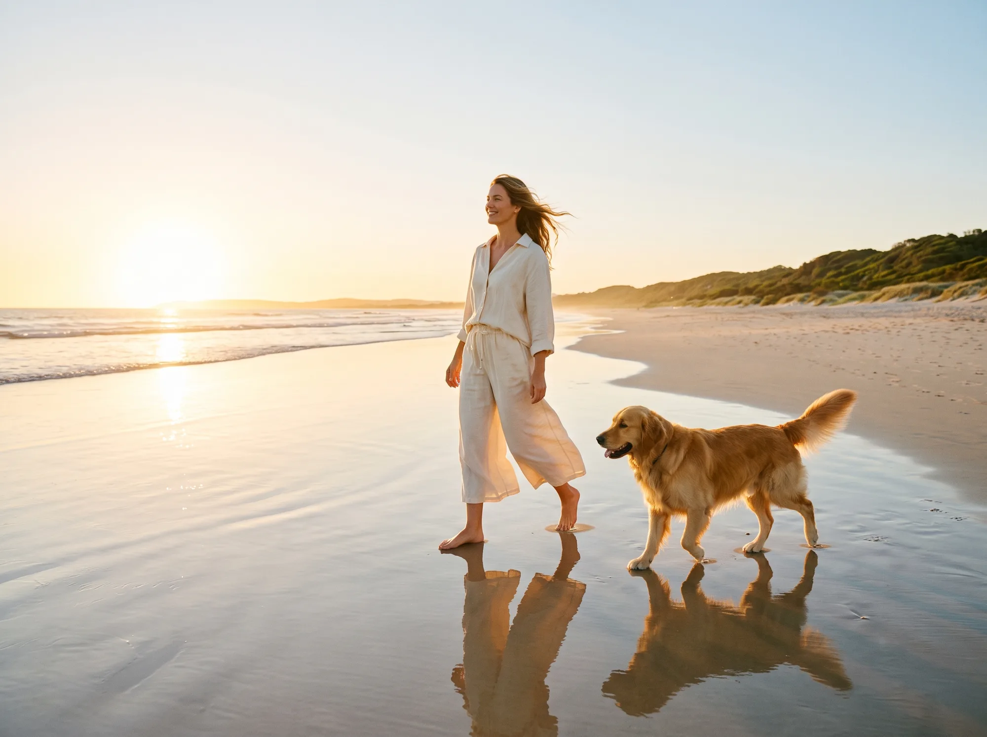 Alternate open: slo-mo beach walk with a golden retriever at golden hour