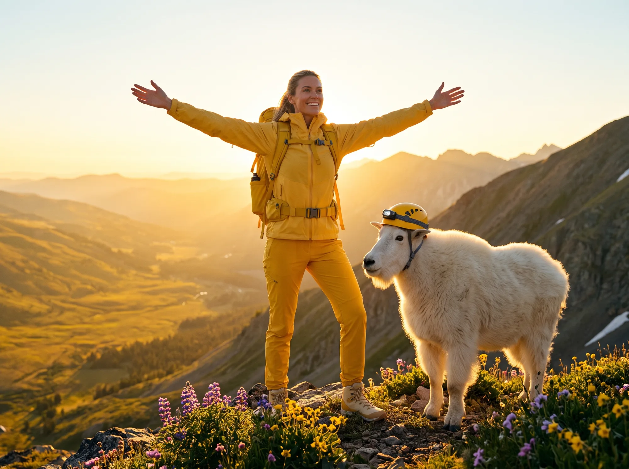 Fantasy: hiker in yellow, arms wide at the summit, goat in a tiny helmet at her side