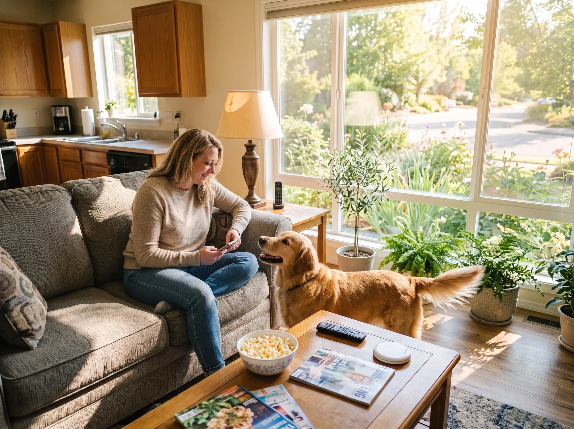 Reveal: the ad scrolling on a phone in a lived-in living room, dog watching