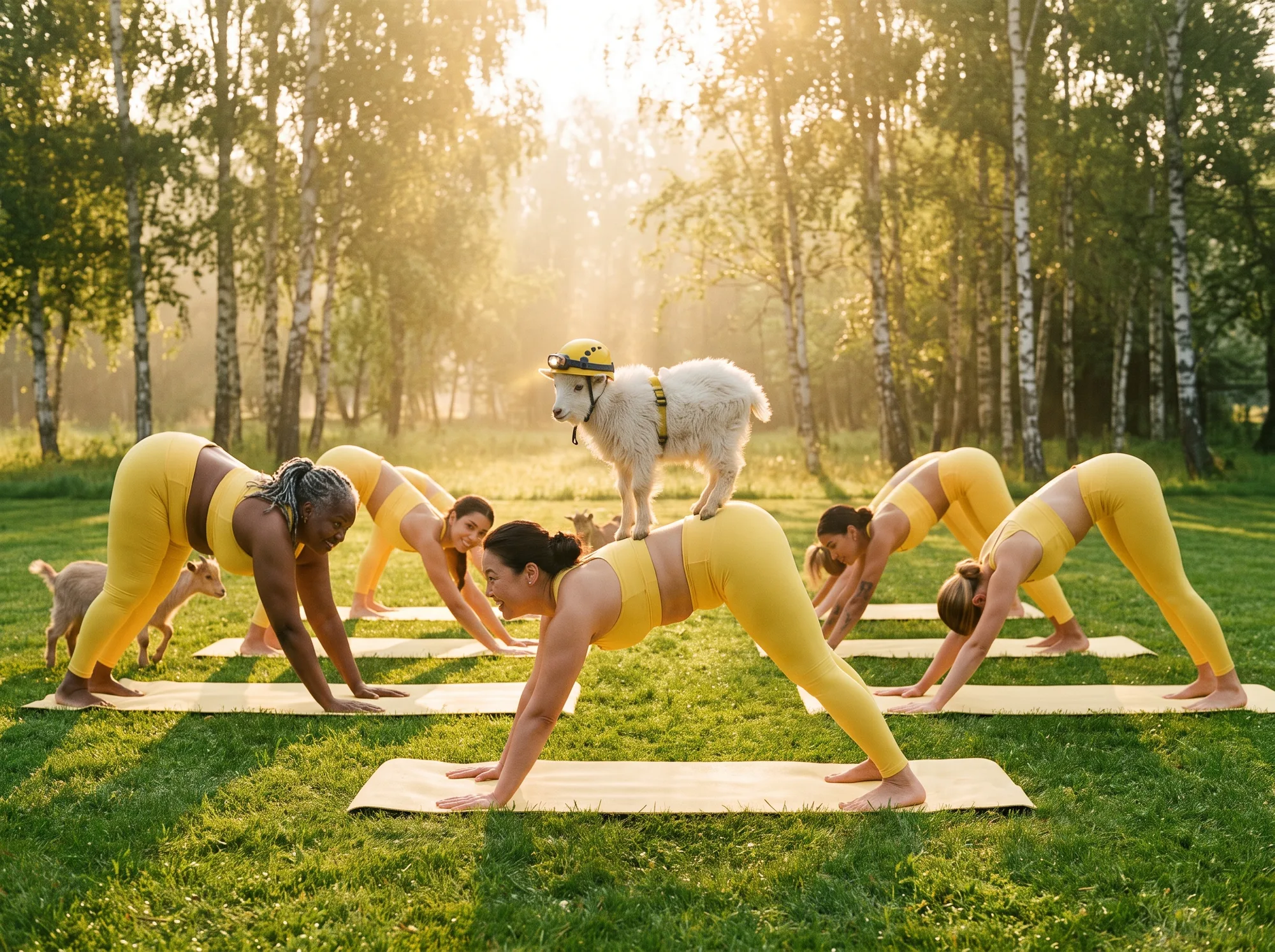 Fantasy: serene goat yoga in matching yellow, baby goat balanced on a back