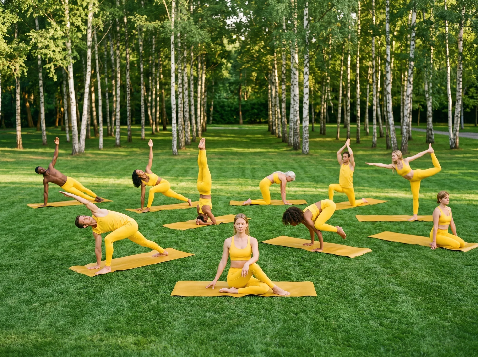 Alternate fantasy: a synchronized yoga troupe in identical brand-yellow activewear