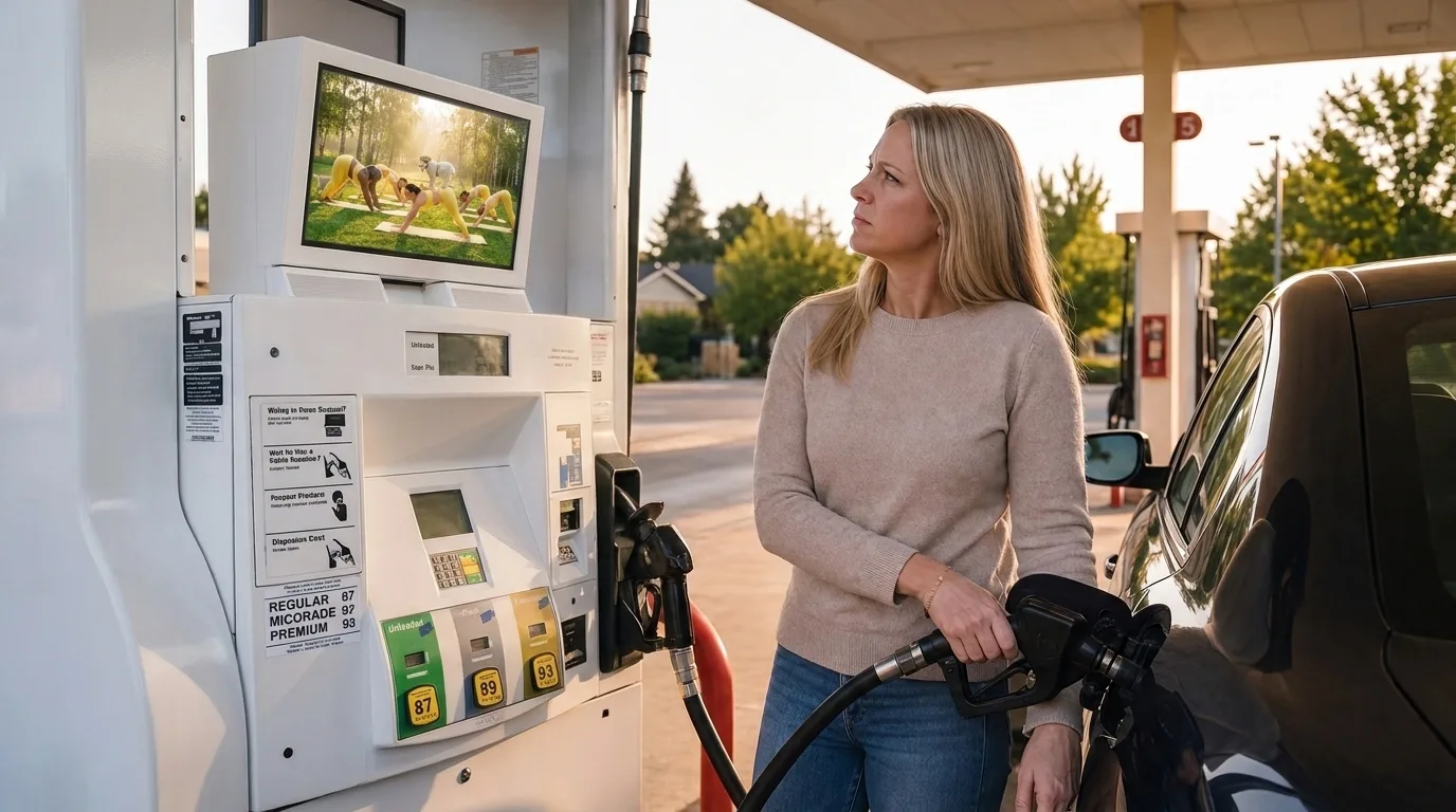 Reveal: the goat-yoga spot playing on a gas-pump screen at golden hour