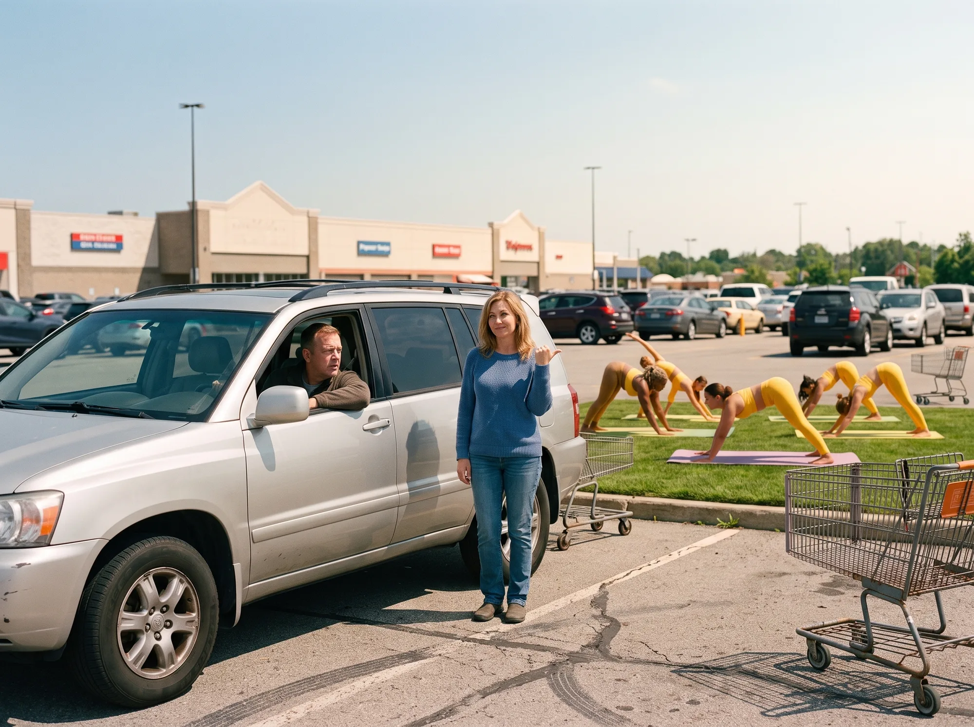 Alternate reveal: big-box parking lot, the yellow yoga troupe glowing on the grass strip behind her