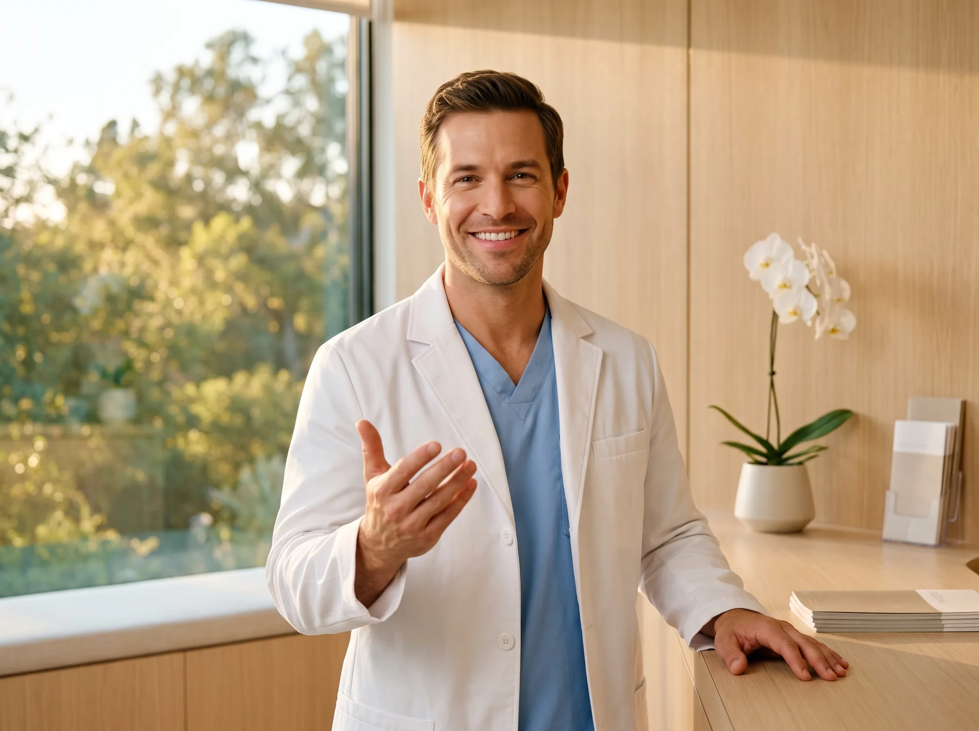 Fantasy: immaculate doctor mid-reassuring-gesture in a wellness-catalog office
