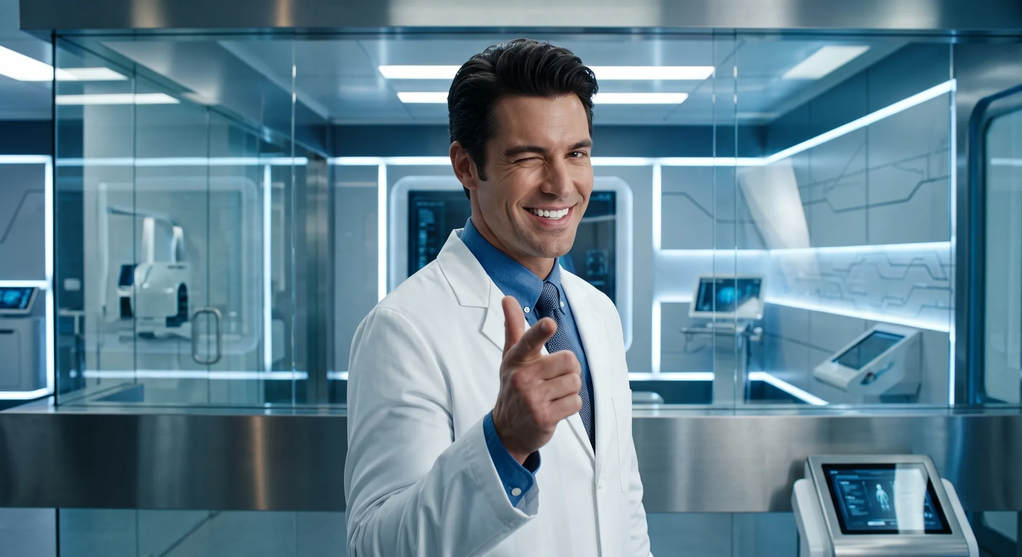 Alternate doctor: winking, finger-gunning, in a clinic that is more spaceship than office