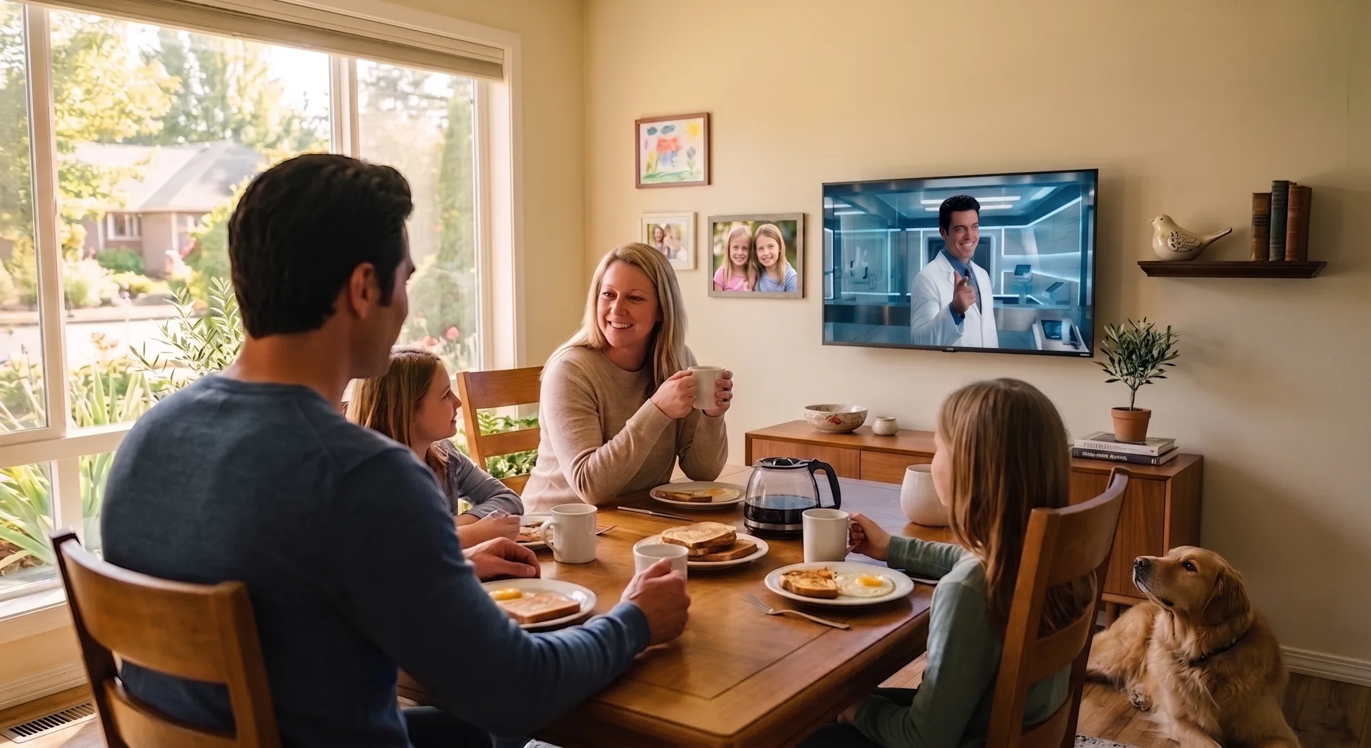 Reveal: the TV doctor pitching from the wall while a family eats breakfast, nobody watching