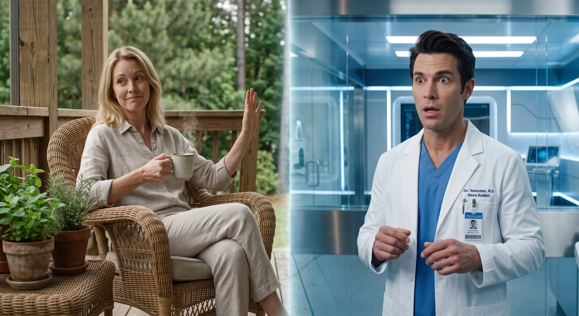 Alternate reveal: back-porch coffee, waving off the TV doctor sliding out of frame